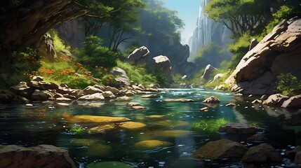 A soothing waterfall flowing gently into a crystal-clear stream, with a few fish swimming lazily.