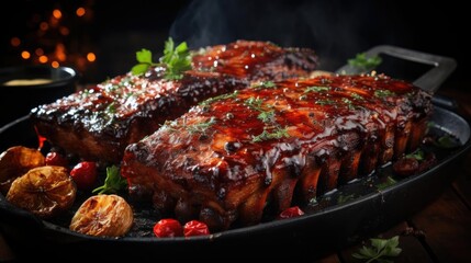 Realistic grilled barbeque with melted barbeque sauce and cut vegetables, black and blur background