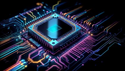 High-Tech Glowing Chip on Dark Tech Background