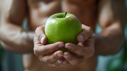 Youthful Man Embracing Weight Loss Journey: Green Apple as a Symbol of Healthy Nutrition Choices