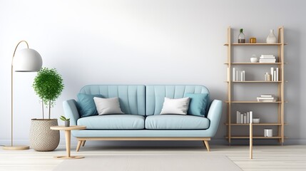 A photo of a Scandinavian-style living room featuring a blue sofa, a woven pouf, and a minimalist bookshelf with decorative objects