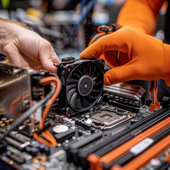 Naklejka premium Detailed view of technicians securing a CPU fan onto a motherboard with utmost care 