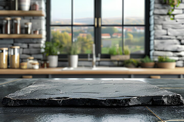 Empty Table Top for Product Display: Blurred Kitchen Interior Background for Food and Drink Advertising, Close-Up Countertop for Still Life Banner Mock-Up. Generative AI.