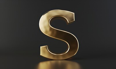 s capital futuristic rendering letter raw cast in gold metal on a black  flat background