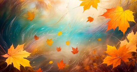 Blurred autumn leaves in the wind against a soft, hazy background