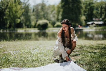A young woman in a floral dress kneels to set up a picnic blanket in a lush, sunlit park beside a...