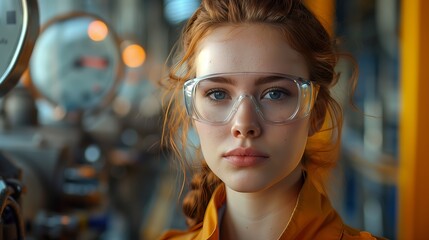 Portrait of young woman working in industry dressed in industry uniform