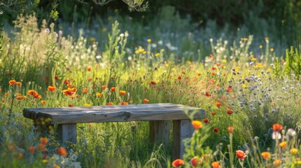 A wildflower meadow with a rustic wooden bench nested between tall grasses and blooming poppies.