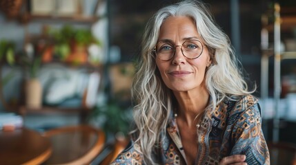 55 year old woman sitting at her office desk

