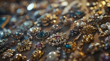 A table full of antique brooches and pins waiting to add a touch of elegance to any outfit.