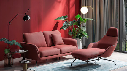 The scene of a home, the prospects are modern designer sofas, lights ... red solid color