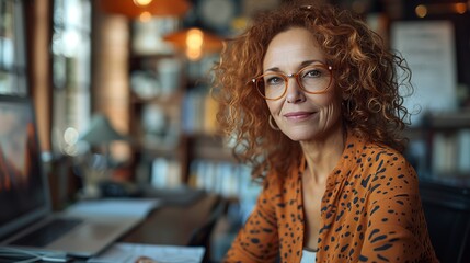 55 year old woman sitting at her office desk
