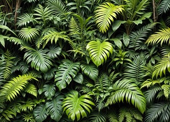 Tropical Jungle Background- Rich Green Foliage with Palm and Fern Leaves