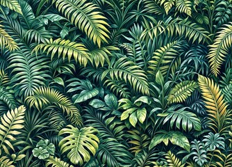 Tropical Jungle Background- Rich Green Foliage with Palm and Fern Leaves