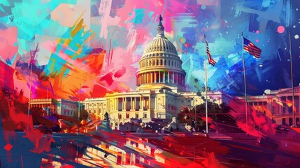  Capitol Hill, American flag, fantastical landscapes painted with vivid hues, modernist...