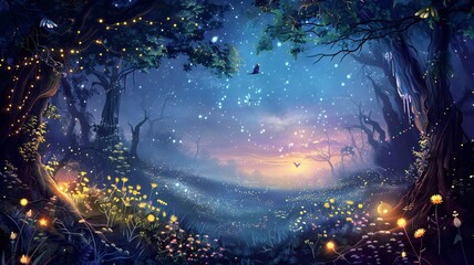 Magical Forest with Glowing Lights and Enchanted Atmosphere at Dusk