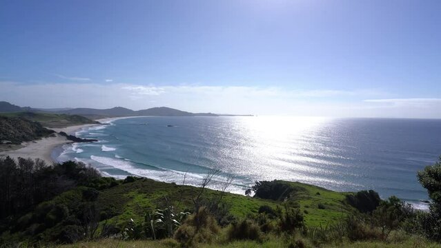 View at the Ocean from a Hiking trail in the Bream Head Scenic Reserve, may 2024, new zealand,