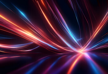Abstract light trails in vibrant colors of red, blue, and orange on a dark background, creating a dynamic and futuristic visual effect.