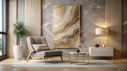minimalist Beige lounge chair against marble wall with abstract poster. Minimalist home interior design of modern living room.