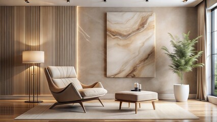 minimalist Beige lounge chair against marble wall with abstract poster. Minimalist home interior design of modern living room.