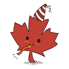 Cute drawing of red maple leaf with party hat and blower, Vector illustration