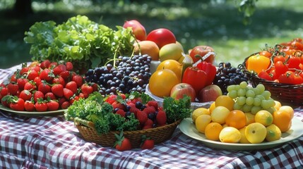 A variety of different fruit and vegetable platters displayed on the picnic blanket adding a colorful and healthy touch to the picnic.