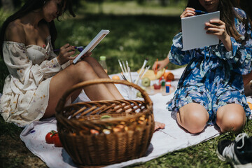 Two sisters relax and paint creatively while enjoying a picnic in a sunlit park, showcasing a...