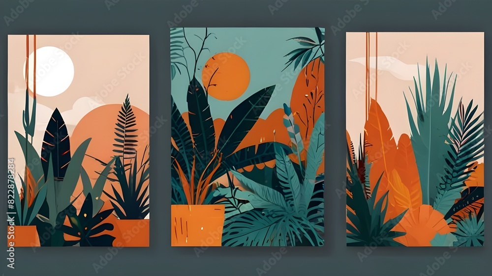 Poster abstract tropical boho backgrounds for social media. set of plants and geometric shapes for stories,