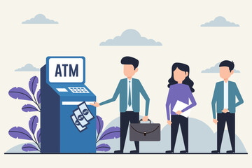 ATM Transaction, Business Professionals Using Automated Teller Machine Illustration