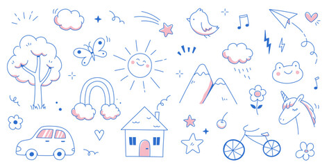 Kid cute doodle set. Cute sun, house, tree kid doodle sketch style vector. Hand drawn sun, car, rainbow elements. Funny children pen outline flower, bird, butterfly. Vector illustration.