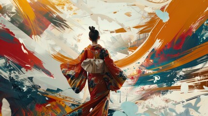 Fototapeta premium Declaration, Colonial History, futuristic brushstrokes, traditional Japanese kimono patterns, 8k