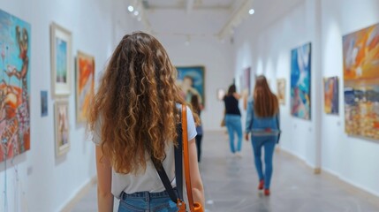 The girl is walking through the gallery. She turns her head and looks at paintings hanging on the white walls. There were other visitors around in jeans and T-shirts. 