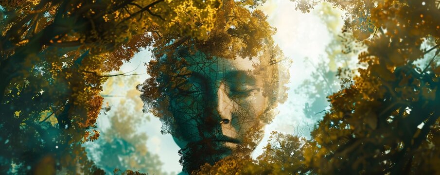 A portrait of an earth spirit encircled by trees, created with Generative AI techniques.
