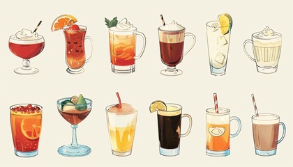 A modern collection of illustrations depicting various hot and cold beverages.