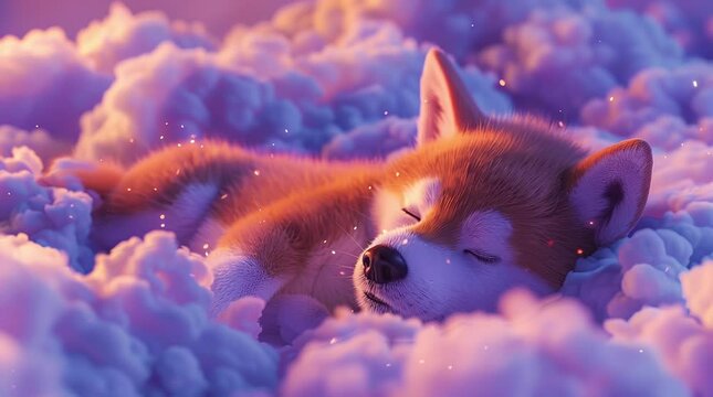 Adorable dog peacefully sleeping on fluffy cloud, dreamy and whimsical scene
 Seamless looping 4k time-lapse virtual video animation background. Generated AI