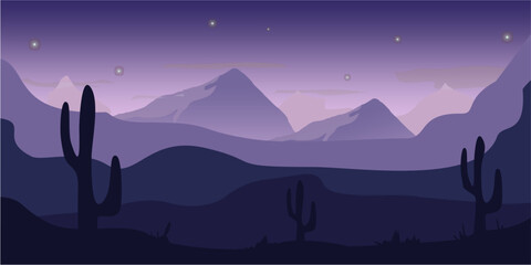 Realistic mountain views. Morning panorama, cactus trees and mountain silhouettes. Vector forest hiking background