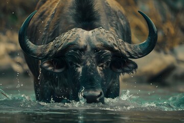 a buffalo was drinking in the river
