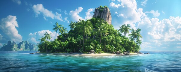 Fototapeta premium A 3D illustration of an island in the ocean, depicting an uninhabited secret pirate isle with a beach, palm trees, and a jungle. This scene captures a sense of adventure.