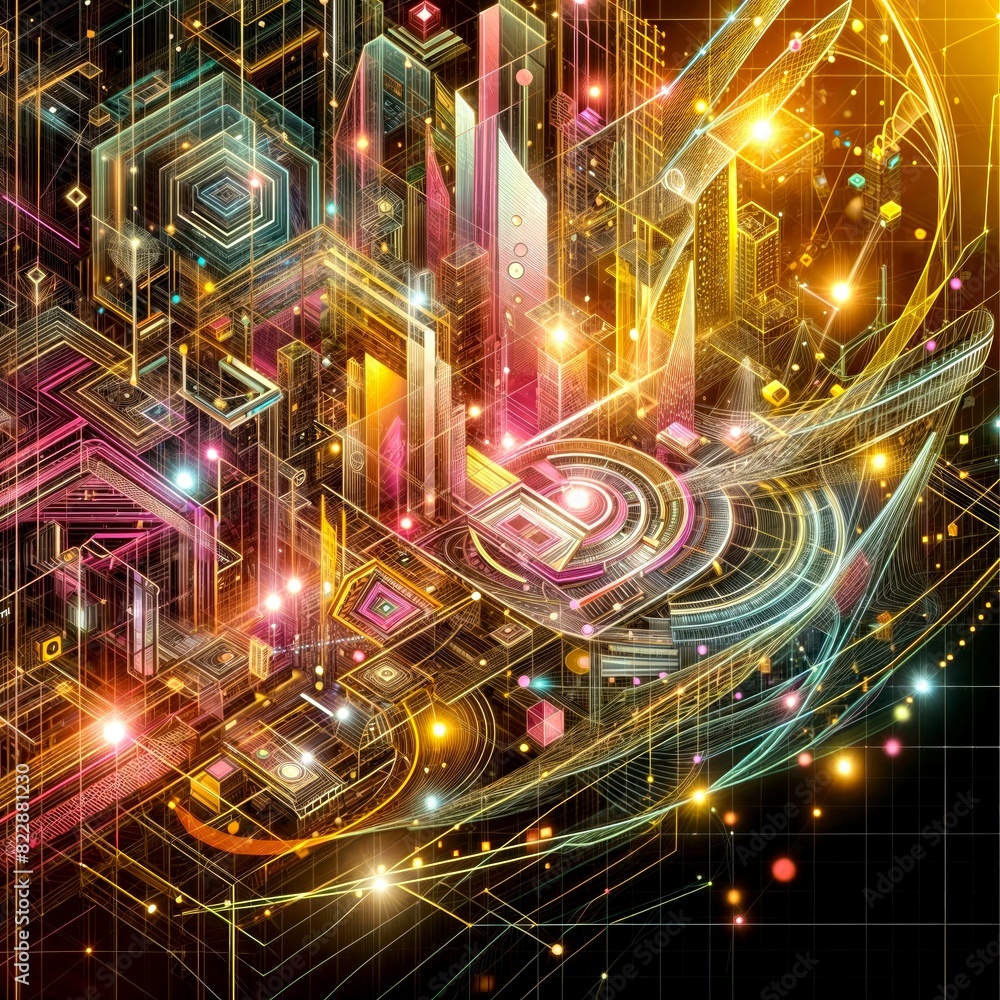 Poster futuristic glowing cube with geometric patterns in space