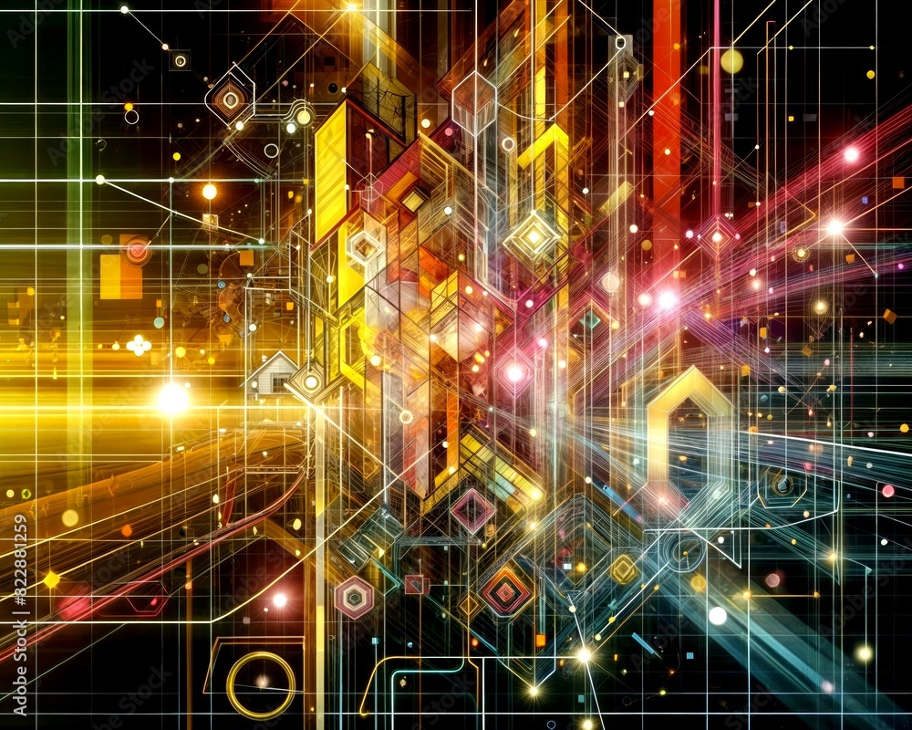 Poster futuristic glowing cube with geometric patterns in space