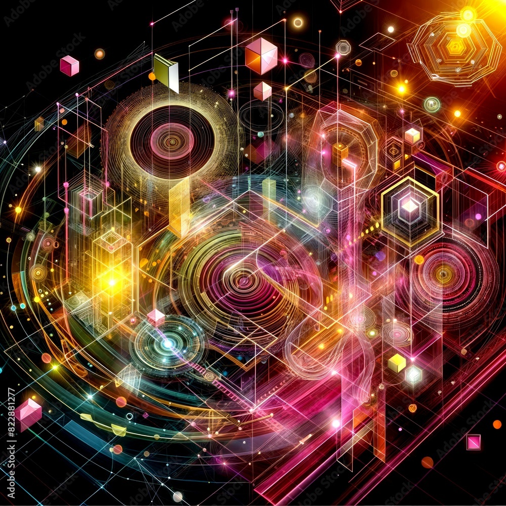 Poster futuristic glowing cube with geometric patterns in space