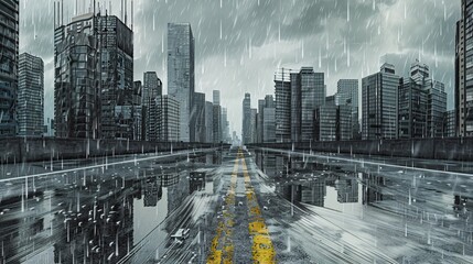 A cityscape illustration showing a road in the rain during autumn, with skyscrapers under a cloudy gray sky.