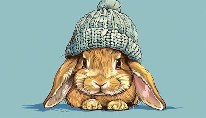 An illustration of a cute brown rabbit with big ears sitting inside a knitted hat. This vector graphic is perfect for playful designs.