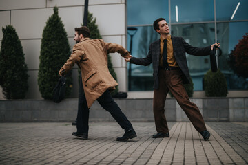 Two businessmen in a tense moment, displaying dynamic movement and emotions, outdoors in a...