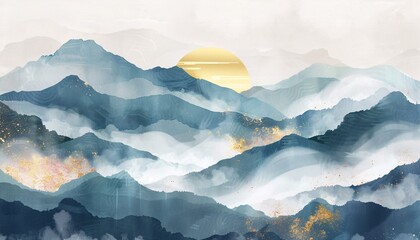 A minimalist mountain landscape featuring gold brushstrokes and watercolor textures in a traditional Japanese oriental style. This vector illustration is ideal for artistic decor.