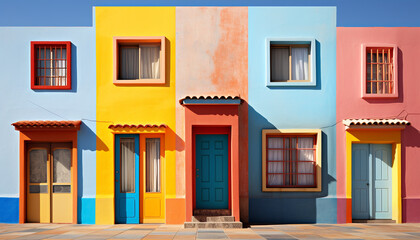 Obraz premium A modern building with vibrant colors and a blue door generated by AI