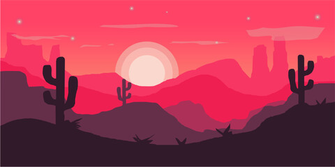 Vector illustration of summer green canyon desert landscape in the morning