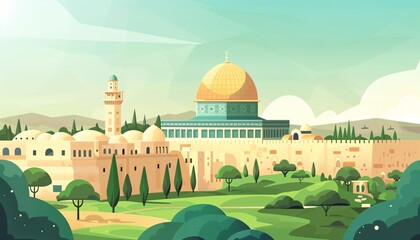 A hand-drawn flat design illustration of Al Aqsa, capturing the architectural and cultural significance of this historic site.
