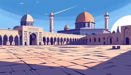 A hand-drawn flat design illustration of Al Aqsa, capturing the architectural and cultural significance of this historic site.