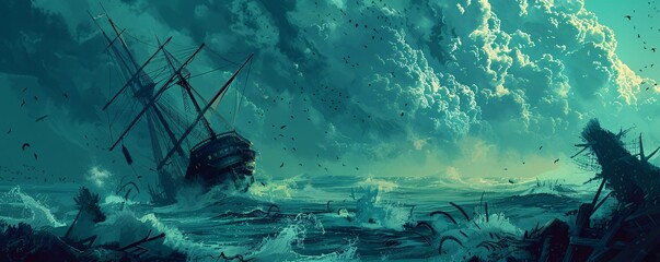 An illustration concept depicting a shipwreck survivor, capturing the dramatic and adventurous scenario with detailed visual elements.